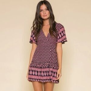 Anthropologie RAGA Faux Wrap Mini Dress Sz M Black Pink Mixed Print Ties Ruffle